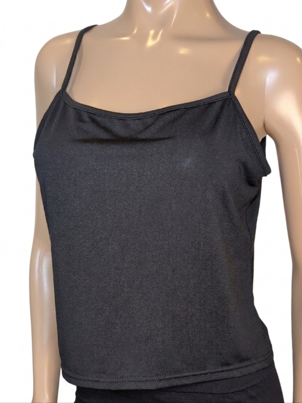 Solid Black Cami Tank Top Stetchy Semi Cropped Basic Womens Size Large